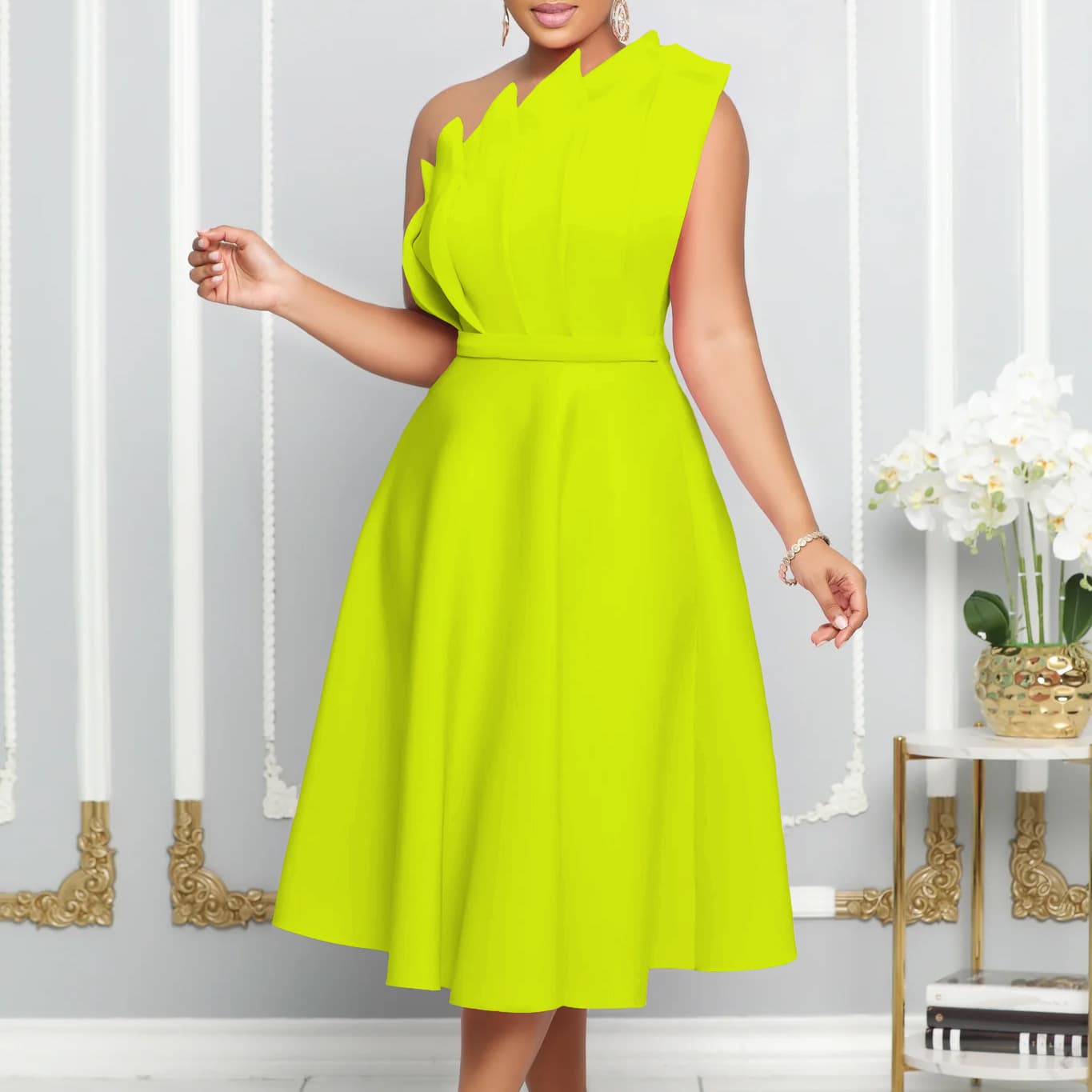 women's summer sexy sloped collar three-dimensional pleated high waist banquet dress evening dress