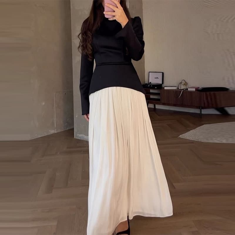 Women's Clothing solid color fashion high waist stitching design contrast color dress