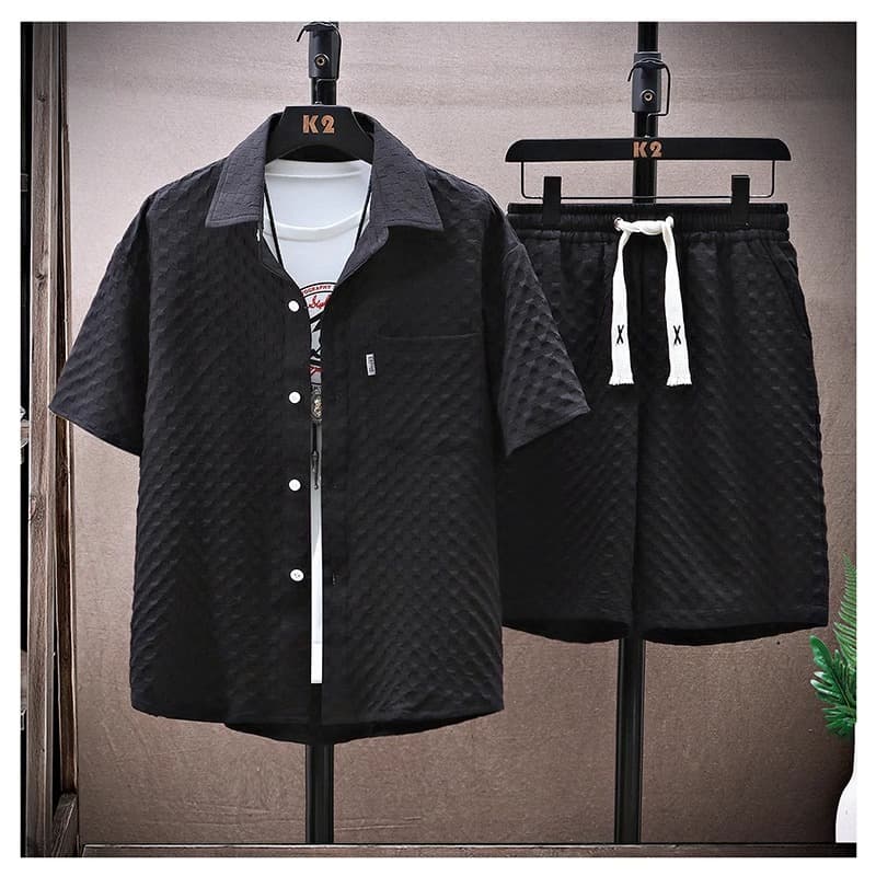 Men's Clothing Summer Solid Color Ice Silk Suit Thin Sports Casual Two Piece Suit Summer Handsome Short Sleeved Shirt Shorts Set