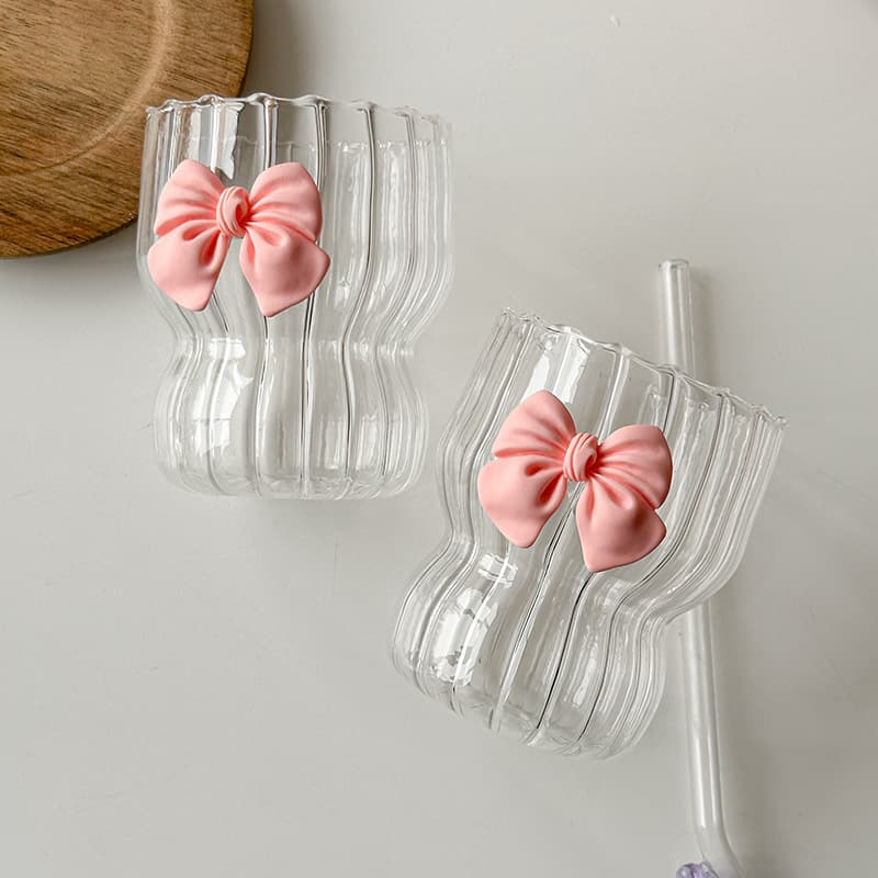 Pink Bow High Borosilicate Glass Coffee Mug - Heat Resistant, Cute Ribbon Handle, Vertical Striped Design For Tea & Espresso