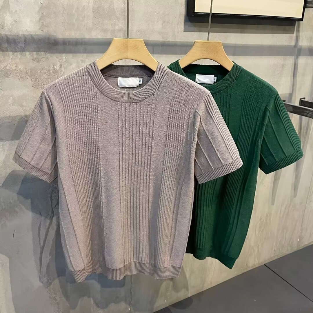 Men's Clothing Men's Knitted Short Sleeve T-Shirt Solid Color Vertical Stripes Summer Trendy Casual Crew Neck Business Base Layer Shirt