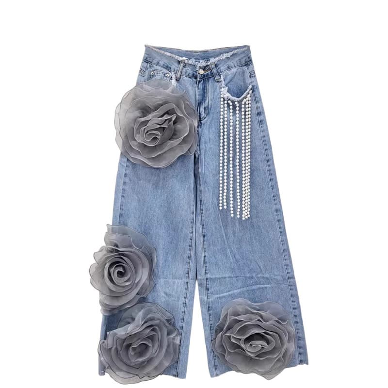 Women's Clothing Fashion Korean Style High Waist Wide Leg Jeans For Women - Distressed Denim With Flowy Straight Cut, Comfortable & Stretchy