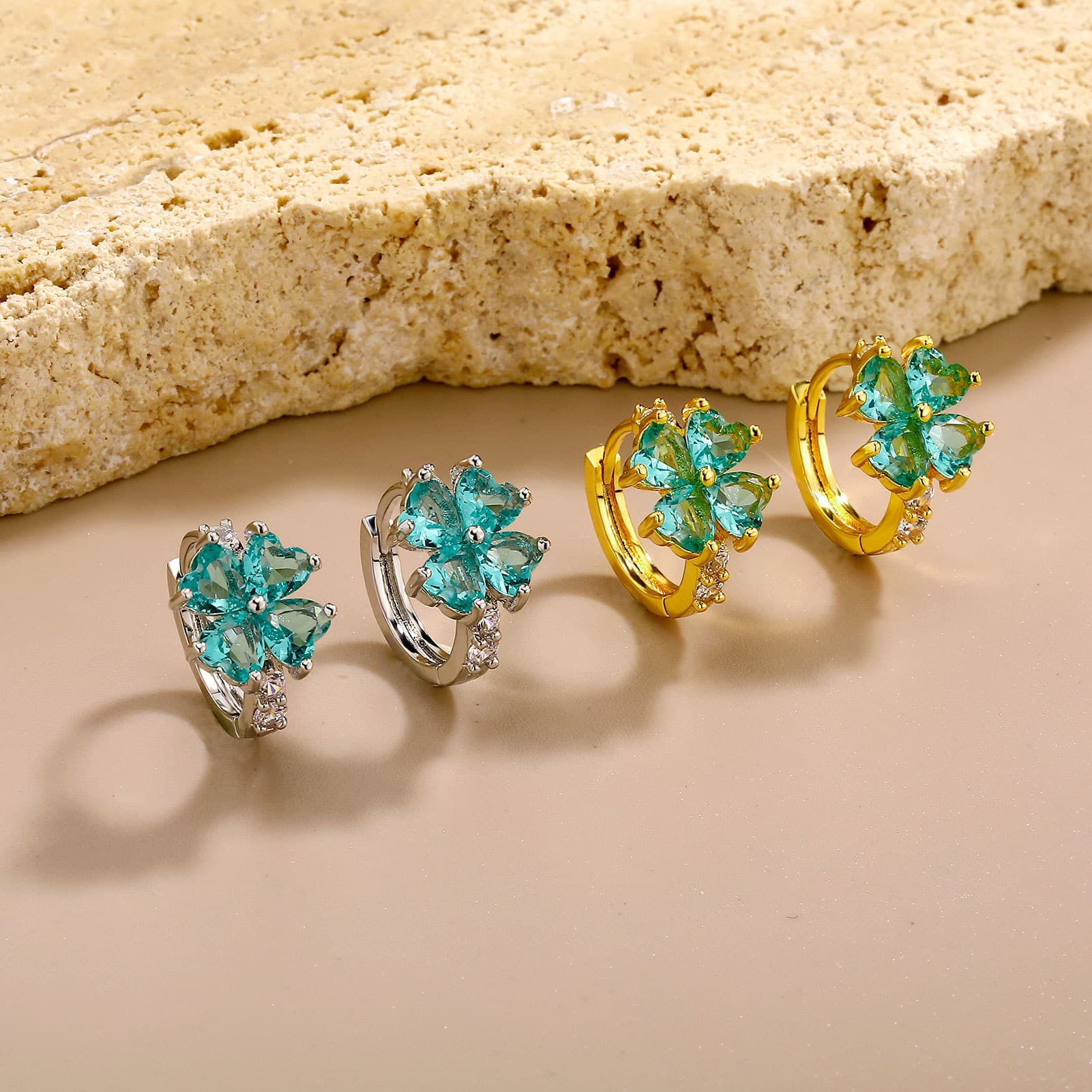 Earrings Four Leaf Clover Earrings Small Fresh Simple Flower Emerald Zircon Earrings Exquisite Heart Shaped Earrings Tide