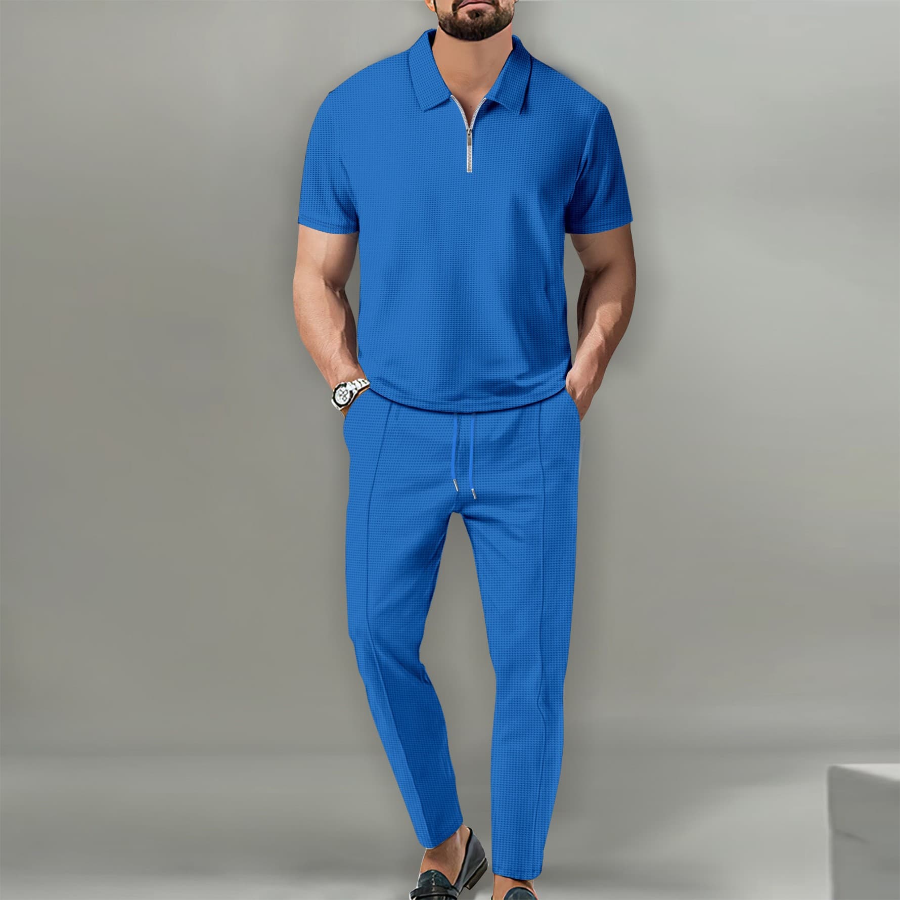 New High End Waffle Short Sleeved Zipper Top Short Sleeved Suit Casual All Match