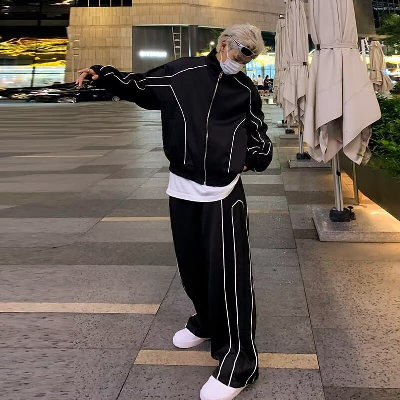 Men's Trendy Casual Tracksuit Set - Oversized Short Jacket & Wide-Leg Pants, Streetwear Two-Piece Outfit For Spring & Fall