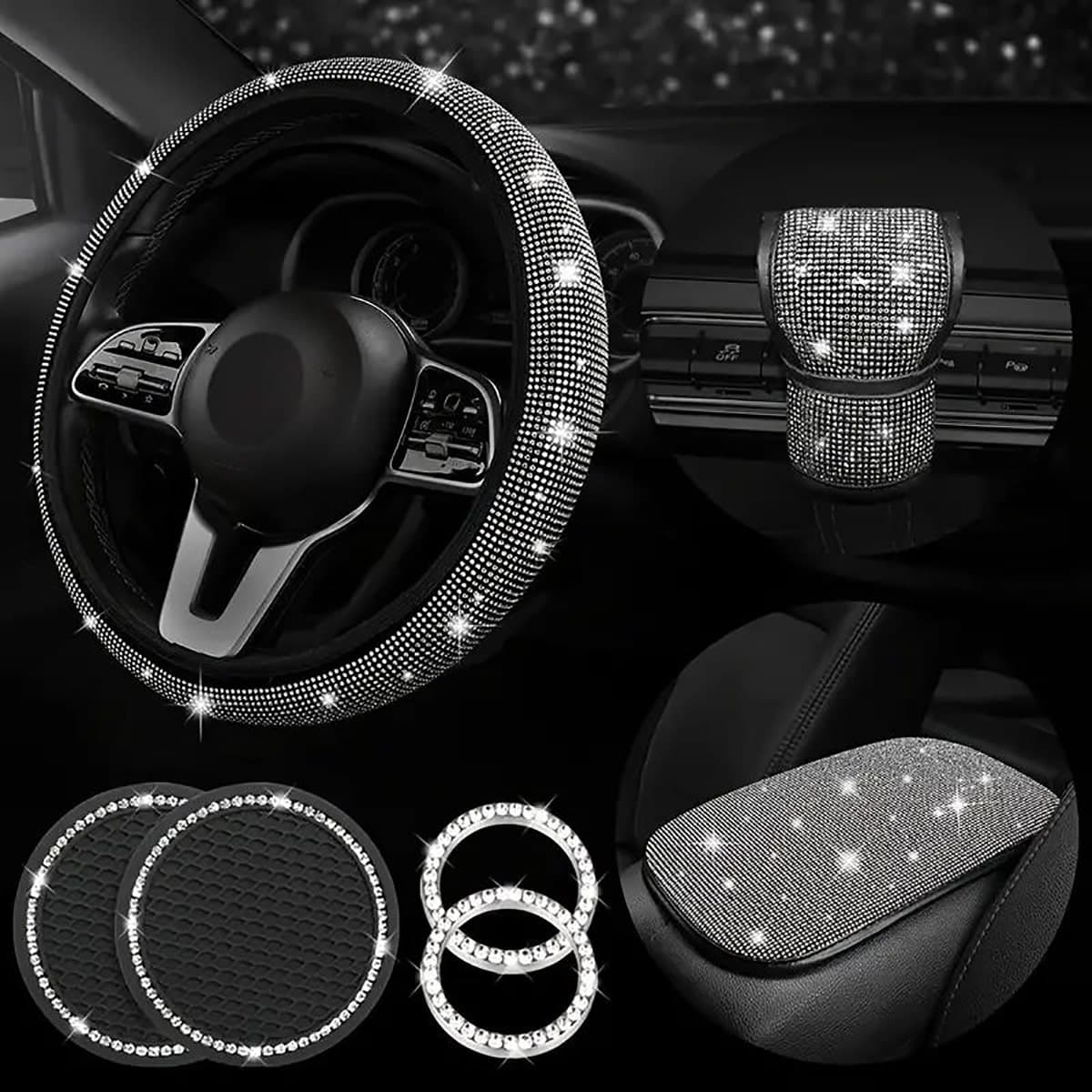 Unisex car steering wheel cover white diamond elastic handle cover armrest box pad gear cover car coaster start ring 7 piece set