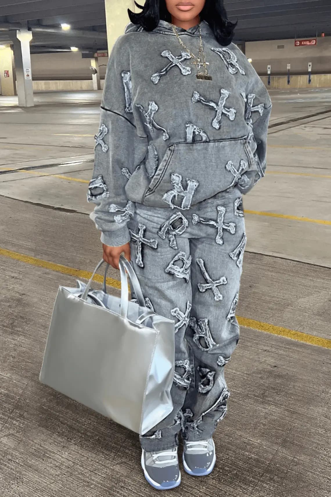 Women's Clothing Printed pocket long-sleeved hoodie two-piece set