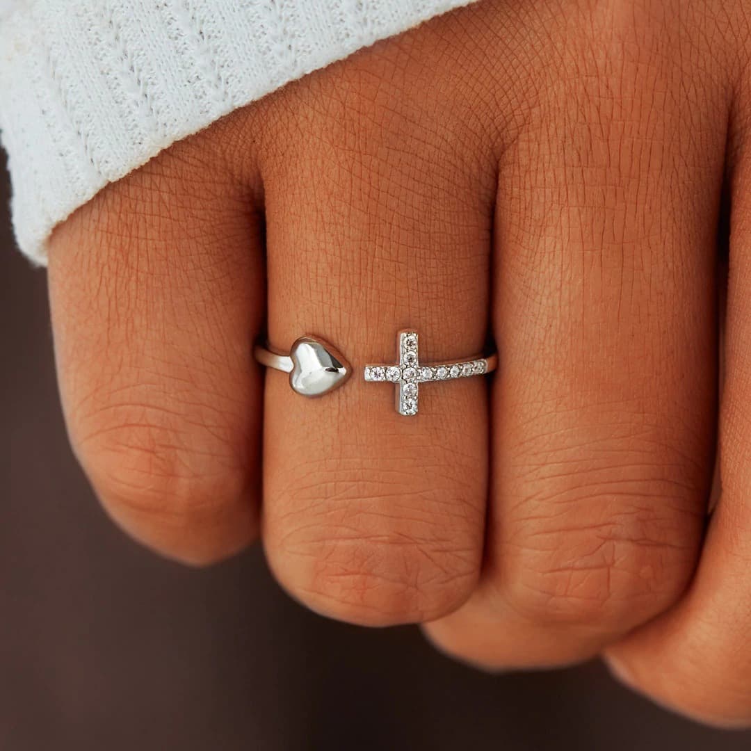 Women's Jewelry Elegant S925 Sterling Silver Heart Cross Ring With Zircon Adjustable Open Band In White Gold Rose Gold And Yellow Gold