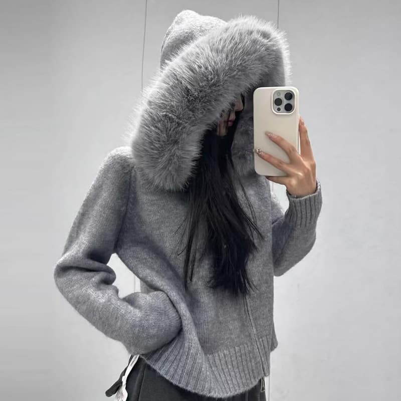 ​​Vintage Hooded Knit Cardigan With Faux Fur Trim - Cozy Long Sleeve Zip-Up Sweater For Women (Black, Khaki, Cream, Light Blue, Pink, Smoke Grey)​​