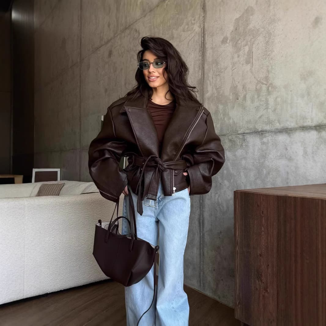 Women's Short Biker Jacket With Belt - Stylish Faux Leather Coat, Loose Fit, Long Sleeve, Zipper Closure, Trendy Casual Outerwear For Everyday Wear