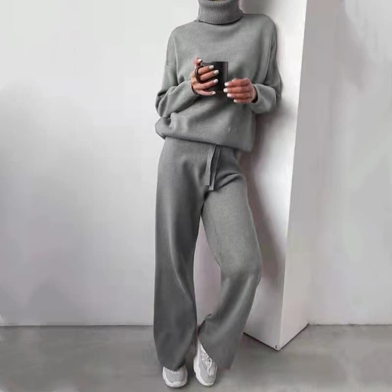 Women'S turtleneck solid color casual fashion sweater knitted pants two-piece suit for women