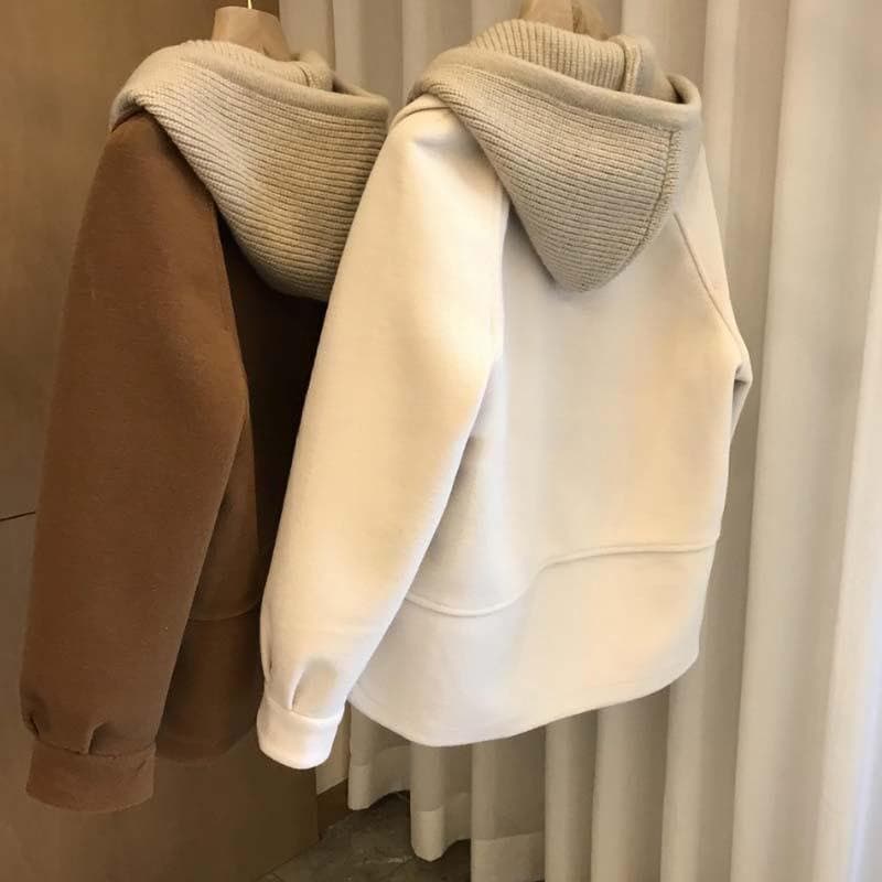 Women's Clothing Large size high grade knitted hooded two piece thickened tops for fat mm autumn and winter new plush woolen coat
