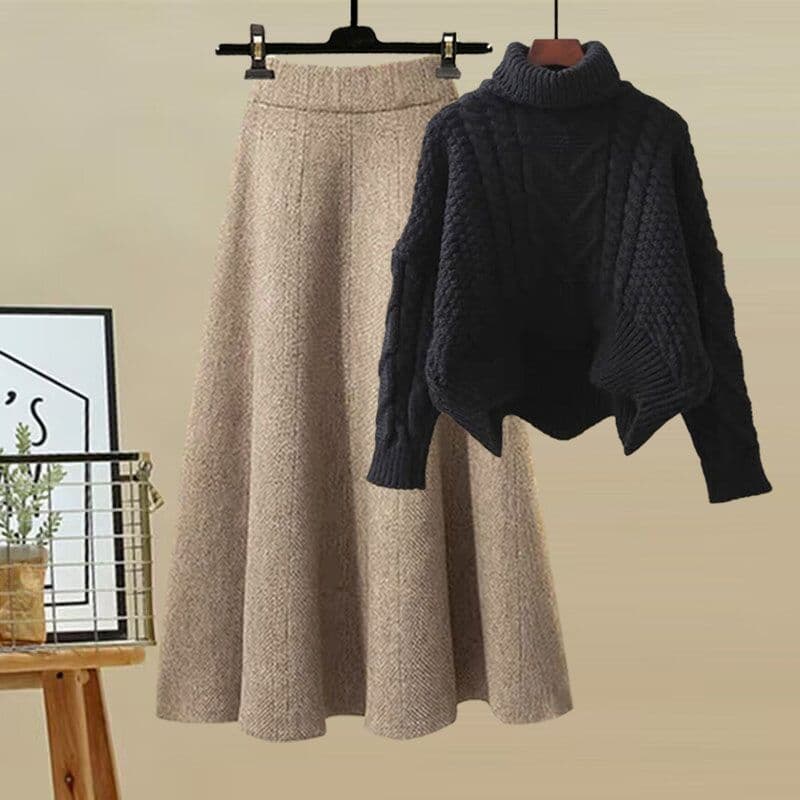 Ensemble deux pièces pour femme : pull à col roulé en maille et jupe amincissante. Collection automne-hiver.
