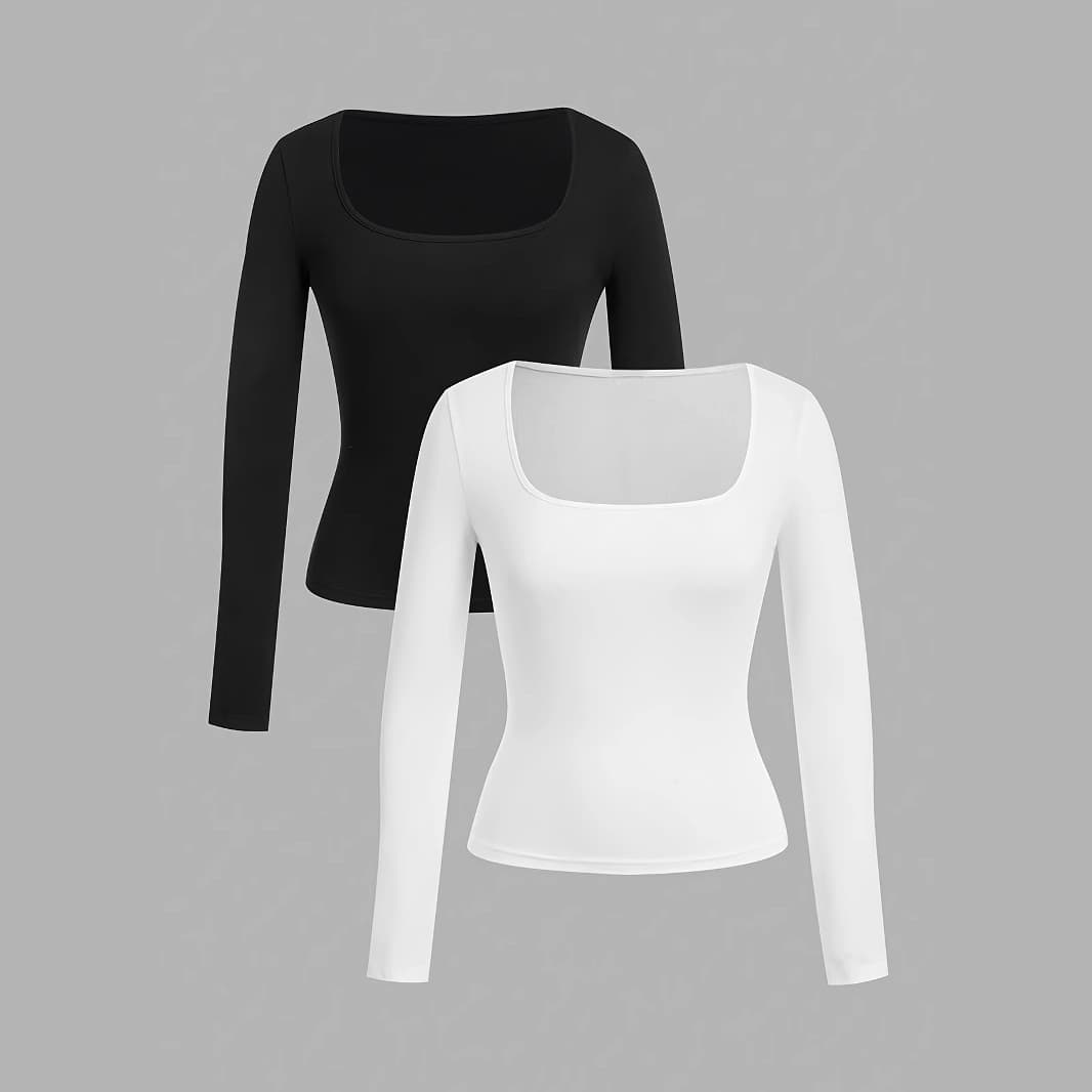 Women’s Square Neck Fitted Long Sleeve T-Shirt 2-Pack – Slim Fit, Breathable & Comfortable Casual Tops