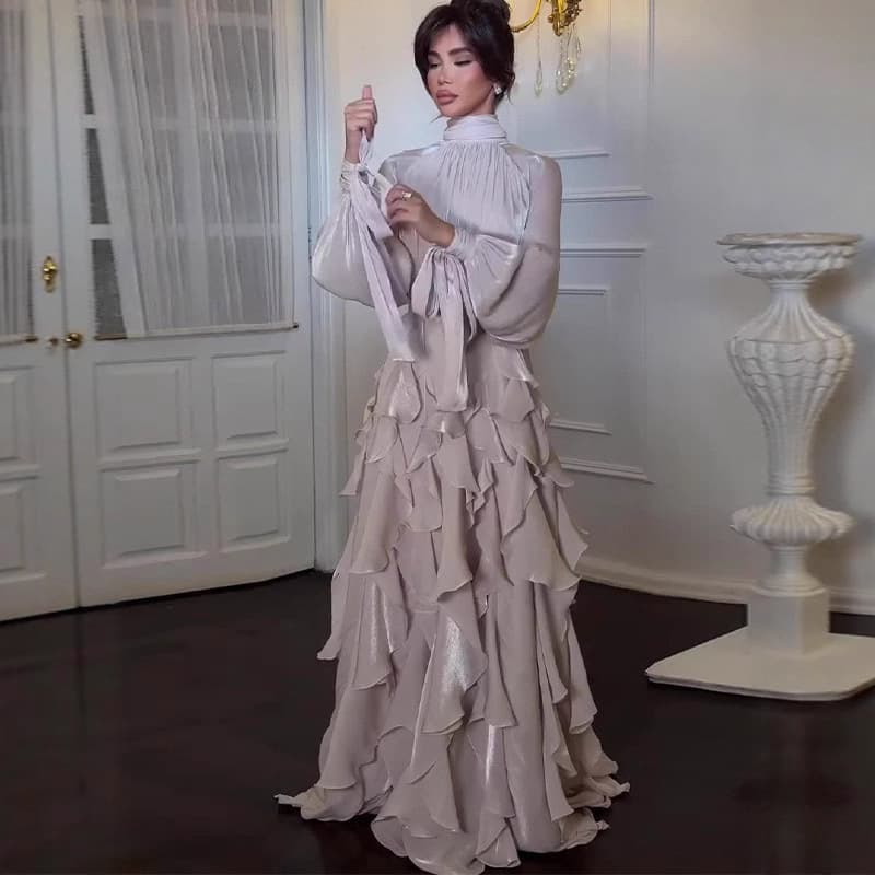 Elegant Ruffle Hem Dress – High Waist Flowy Maxi Dress With Tie Waist (Breathable Polyester, Street Chic & Evening Wear)​
