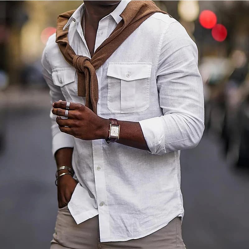 Men's Clothing New Men's Solid Color Cotton Lapel Pocket Shirt