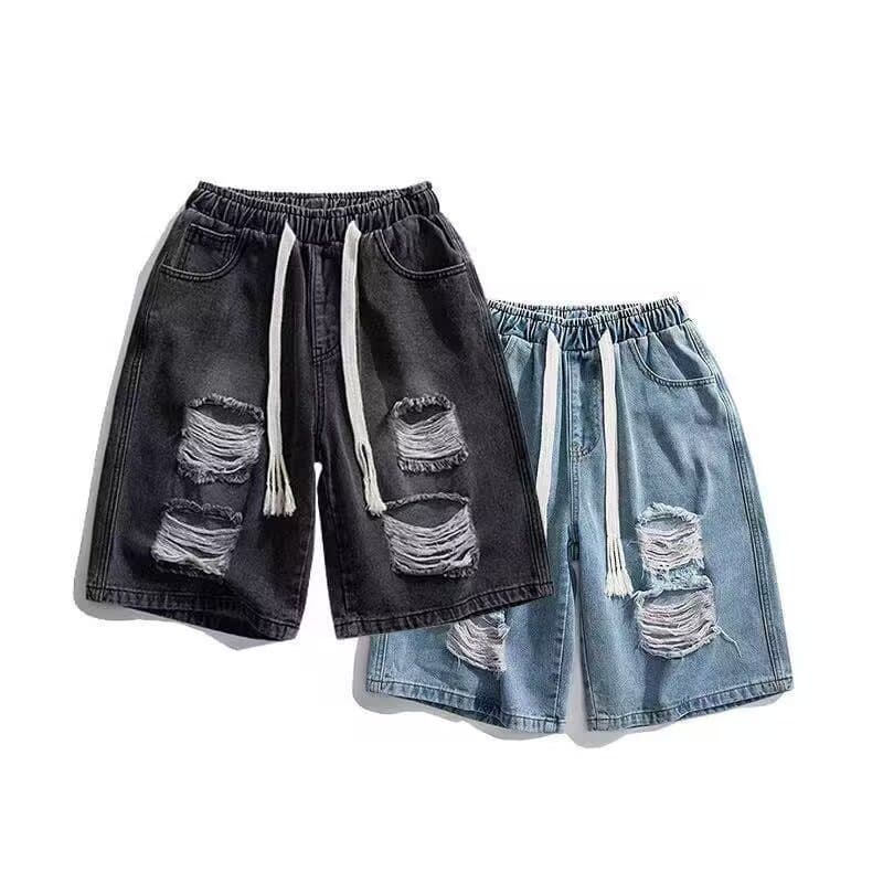 Men's Clothing Drawstring Elastic Waist Ripped Denim Shorts Street Fashion Straight Large Size Casual Five Point Mid Length Pants