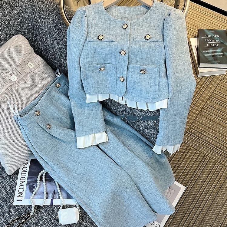 Elegance Blue Skirt Suit Set - Modale Fiber Two-Piece Outfit For Autumn (S-Xl)​​ Versatile Styling Comfort