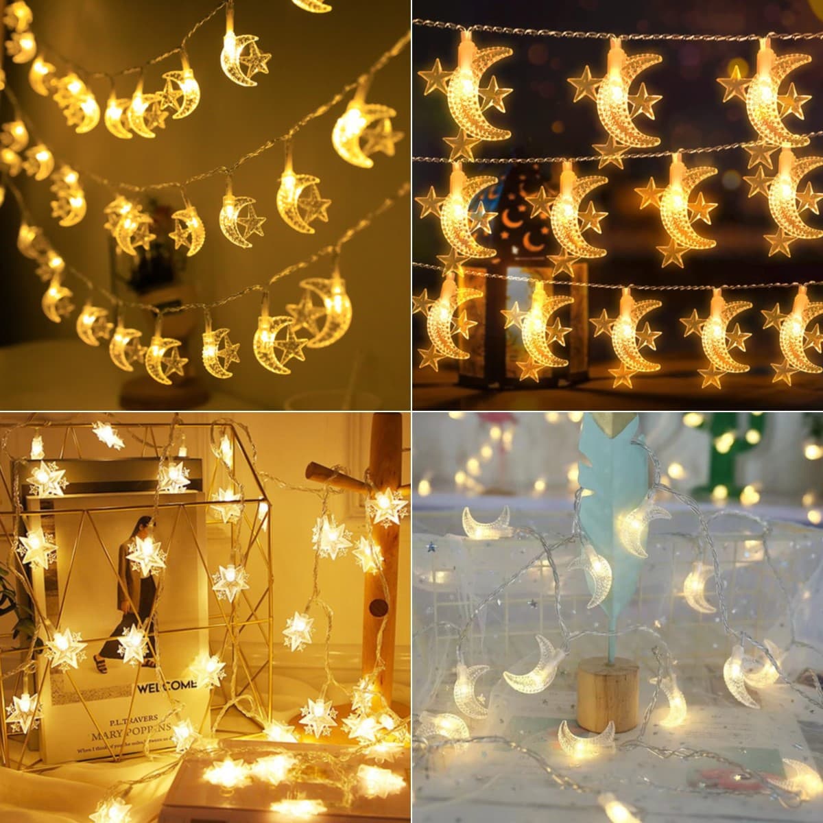 Guirlande lumineuse LED étoile et lune - Guirlande lumineuse décorative alimentée par batterie/USB/solaire pour Noël, le Ramadan, la maison et les fêtes (chaud/couleur, 1,5 m à 12 m)