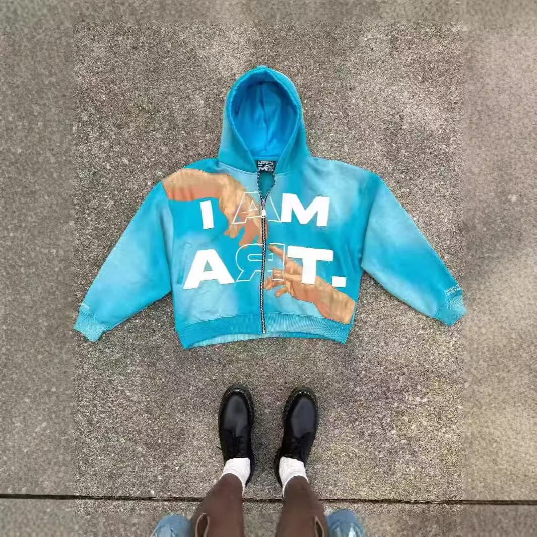 Men's Clothing ​​Y2K Streetwear Zip-Up Hoodie – Unisex Oversized Pullover With Colorful Letter Print, Retro Hip-Hop Style​​