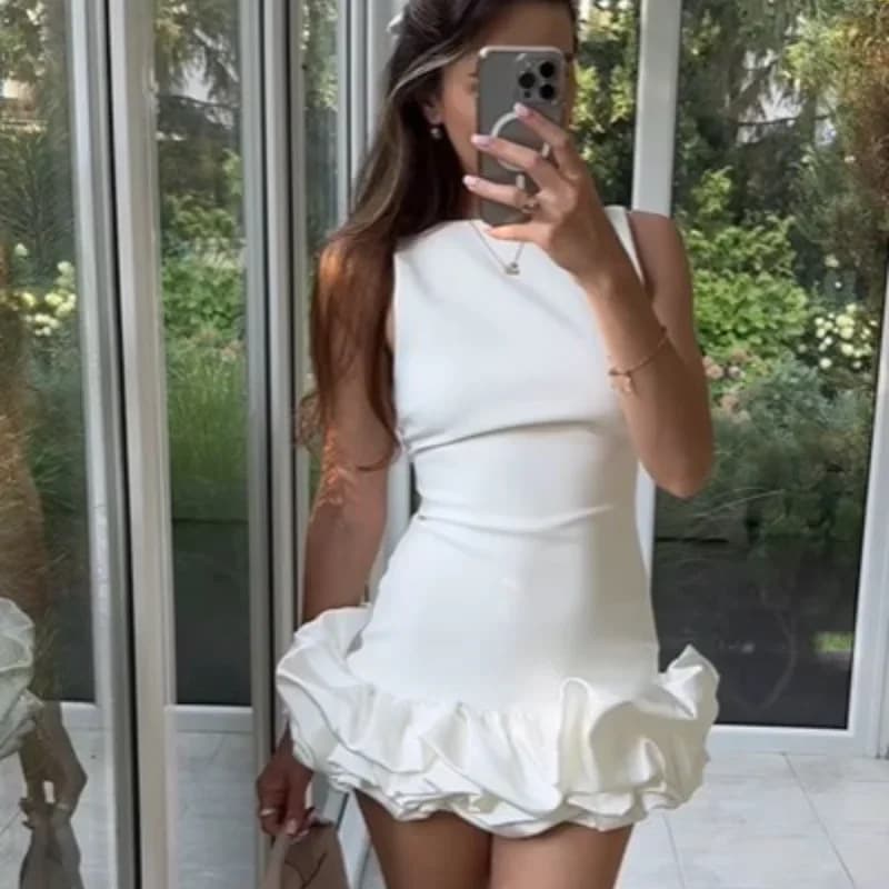 Women’s Clothing fashion white sleeveless short ruffle dress