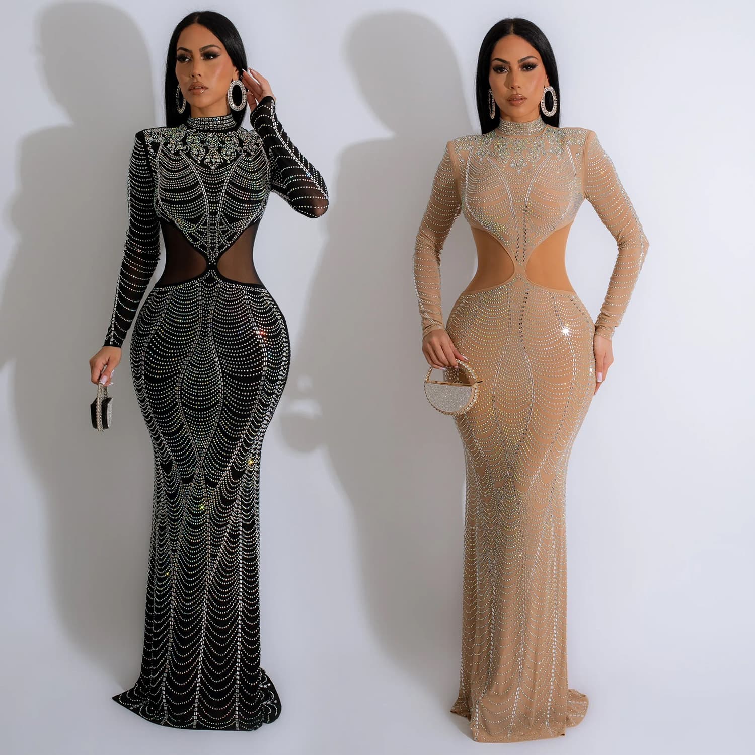 Women's Clothing fashion women's solid color mesh rhinestone long skirt dress