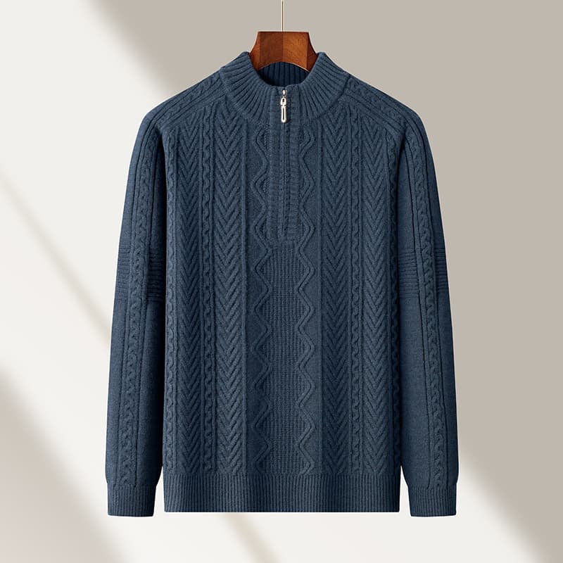 Men's Zip-Up Mock Neck Sweater – Thick Cable Knit Pullover With Stretch Fabric, Winter Casual Warm Fleece For Mature Style