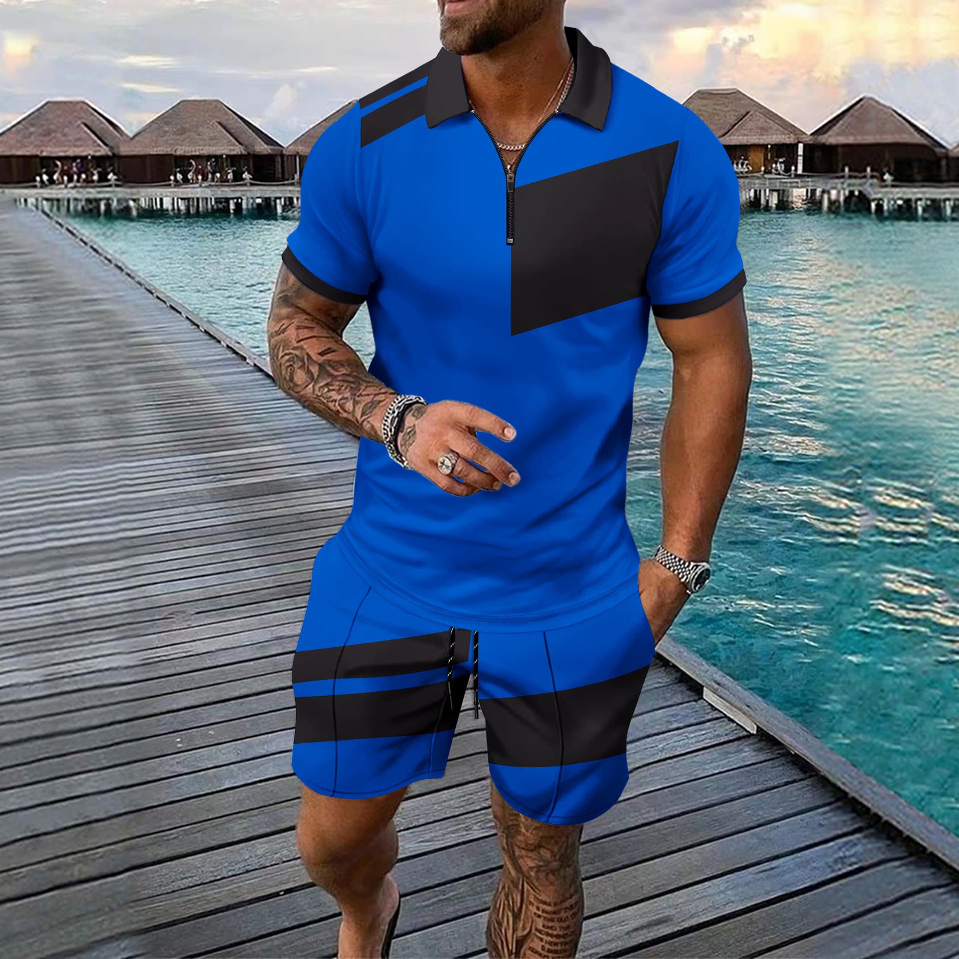 Men's Clothing Summer Digital Printing Leisure Sports Lapel Short Sleeve Zipper Shorts Set