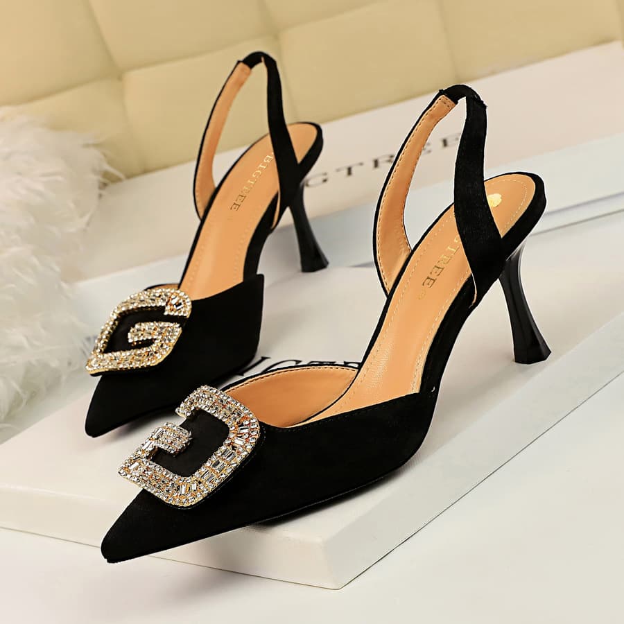 896-2 Style Banquet Women' Shoe High Heel Shallow Mouth Pointed Suede Hollow Back Strap Metal Rhinetone Buckle