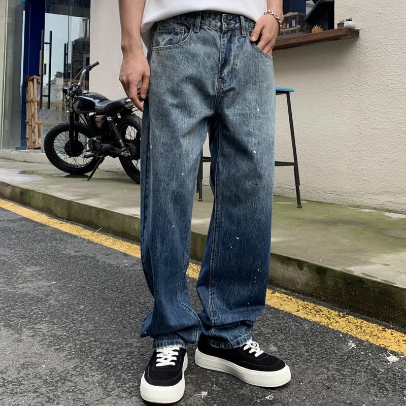Men's Clothing American High Street Washed Retro Gradient Jeans Men's Loose Straight Trendy Ink Splash Fashion Wide Leg Pants Summer Thin