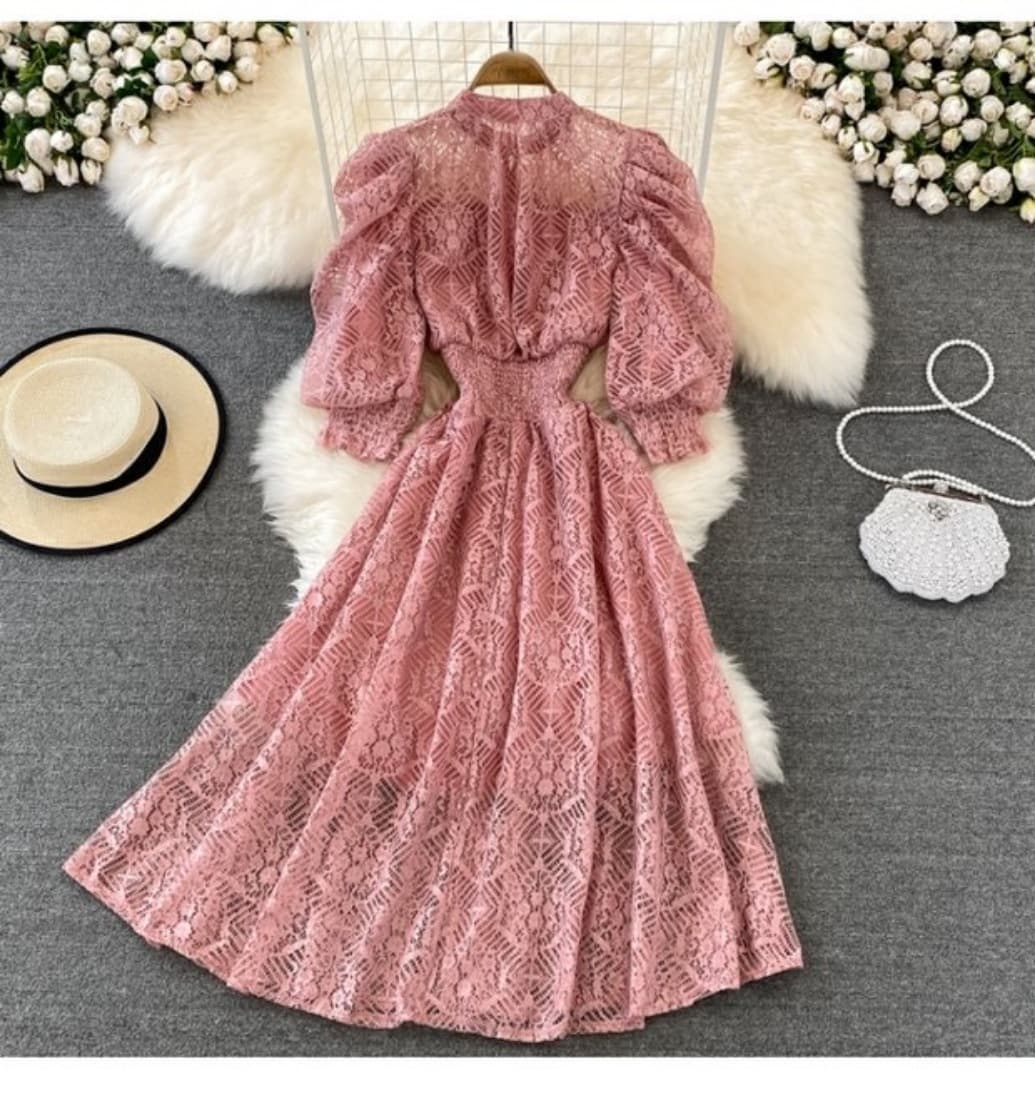 Women's waist slim puff sleeve lace dress Bohemian seaside holiday long skirt for women