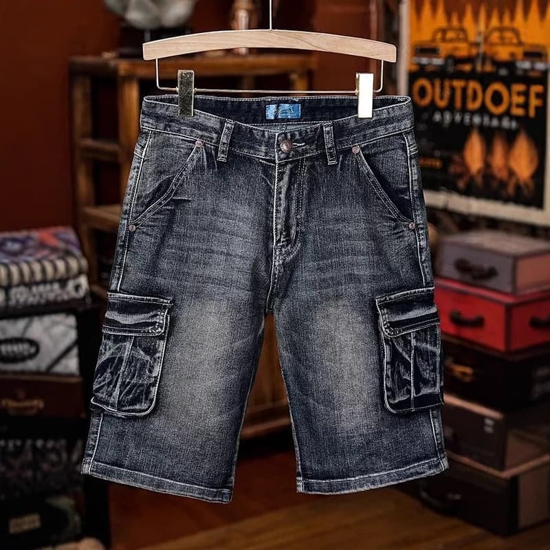 Men's Vintage Denim Cargo Shorts – Distressed Washed Workwear Style With Multi-Pockets (28-36, Black/Blue)​