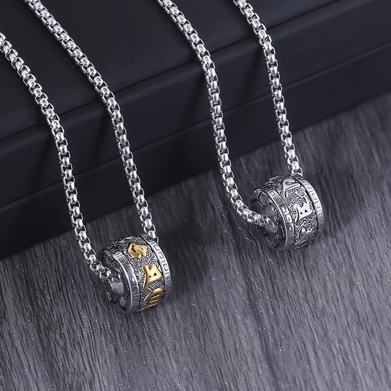 Men's Jewelry Titanium Steel Necklace With Six Sacred Words Pendant, Stainless Steel Chain, Hypoallergenic, Non-Tarnish, Retro Fashion Accessory