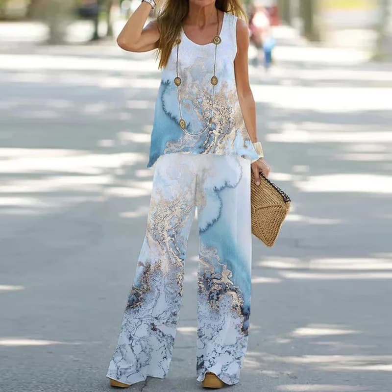 Women's Printed Casual Suits Manufacturers Direct Sales Sleeveless T-shirt Trousers Two-piece Suit