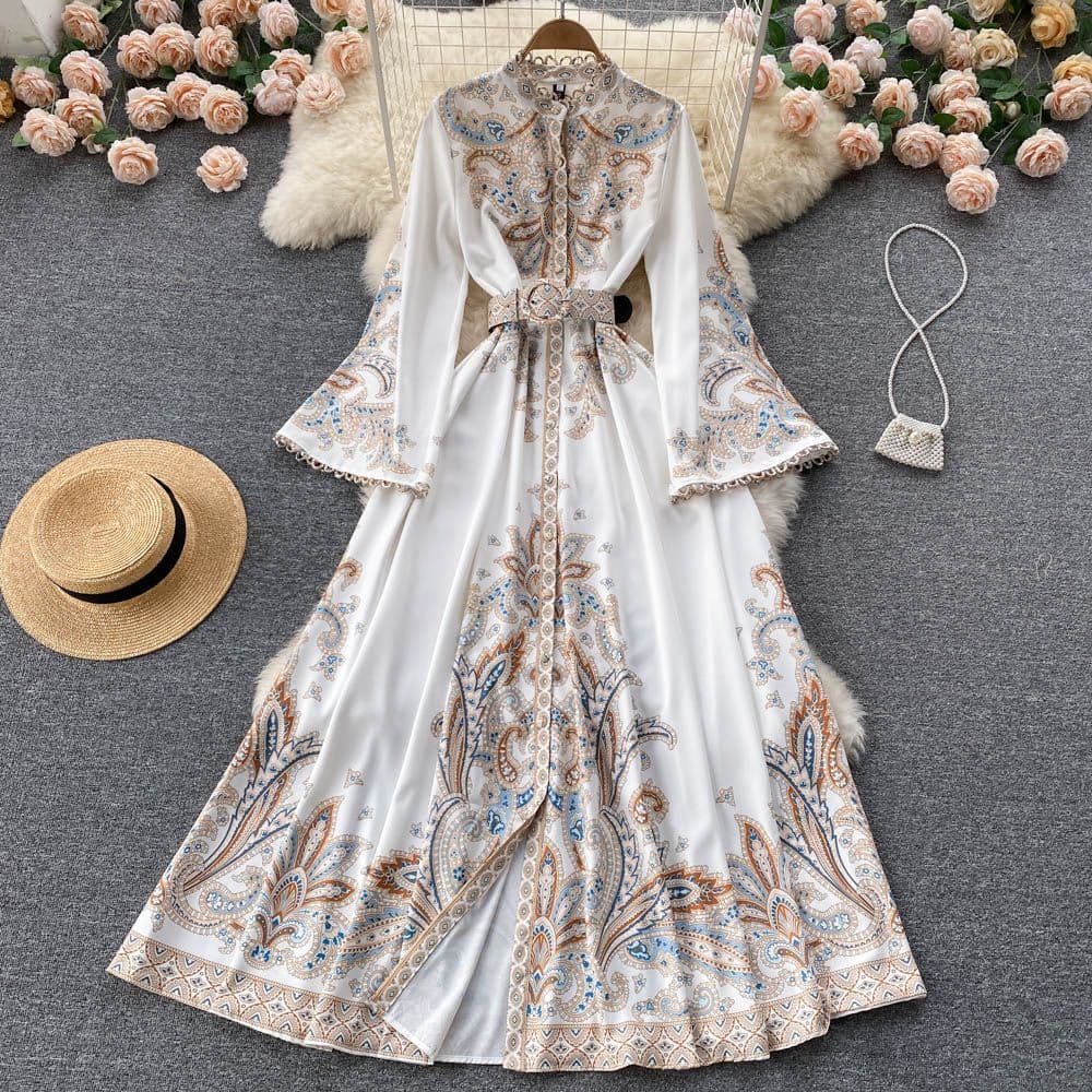 Women's Clothing Retro Stand Collar Trumpet Sleeve Printed Dress Palace Style Large Swing Knee Length Skirt