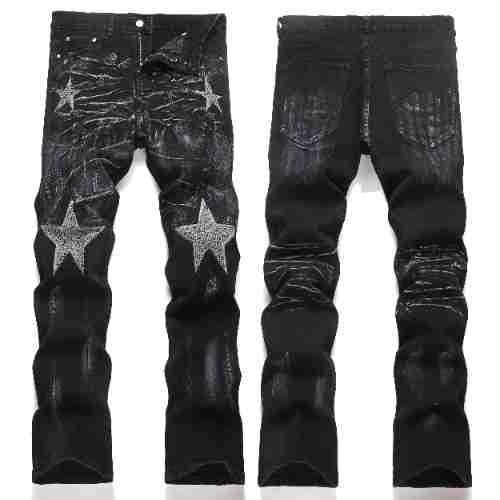 Men's Trendy Stretch Slim Fit Jeans Black Rhinestone Flared Patchwork Youth Style Nicholas Tse 3972