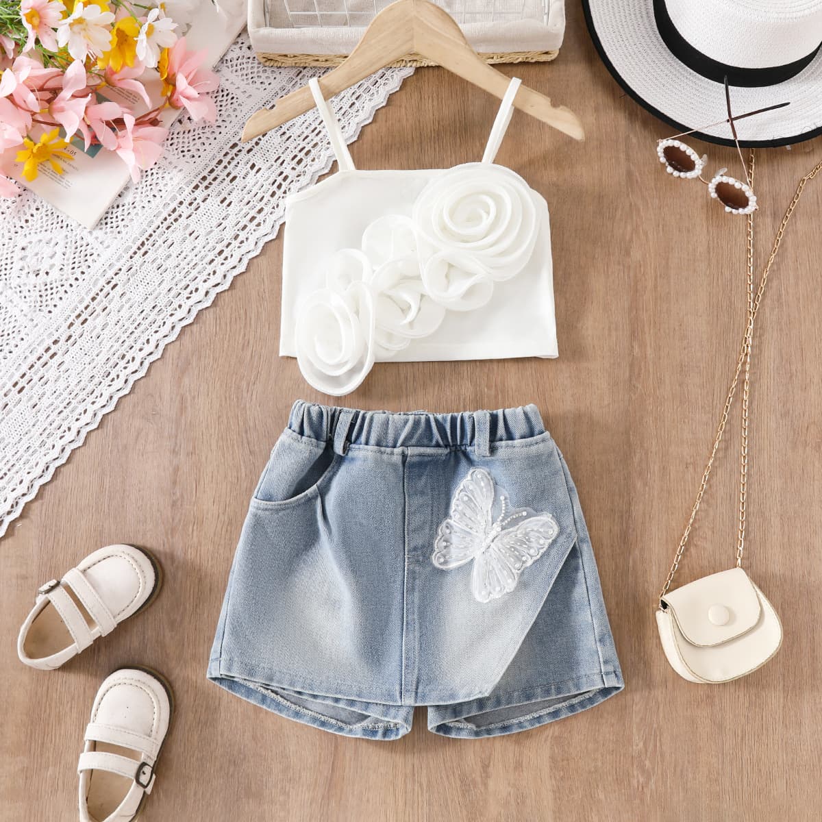 Girls 2025 Summer Hot Sale New Three Dimensional Flower Suspender T Shirt Butterfly Denim Shorts Suit For Small And Medium Children