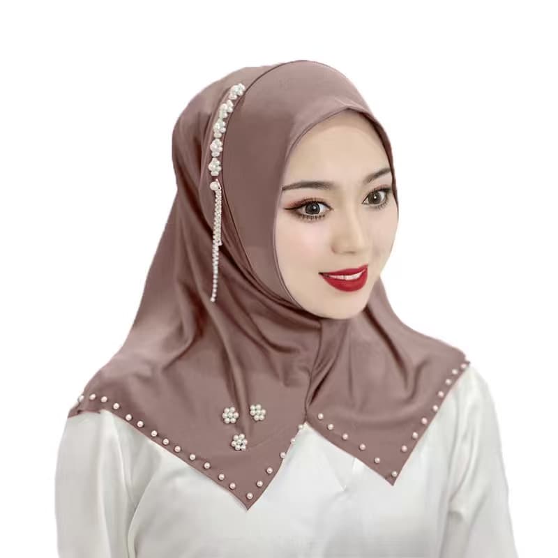 Women's Clothing Muslim Accessories Elegant Crystal Linen Scarf With Beaded Flowers & Fringe – Stylish Middle Eastern & African Head Wrap, Versatile