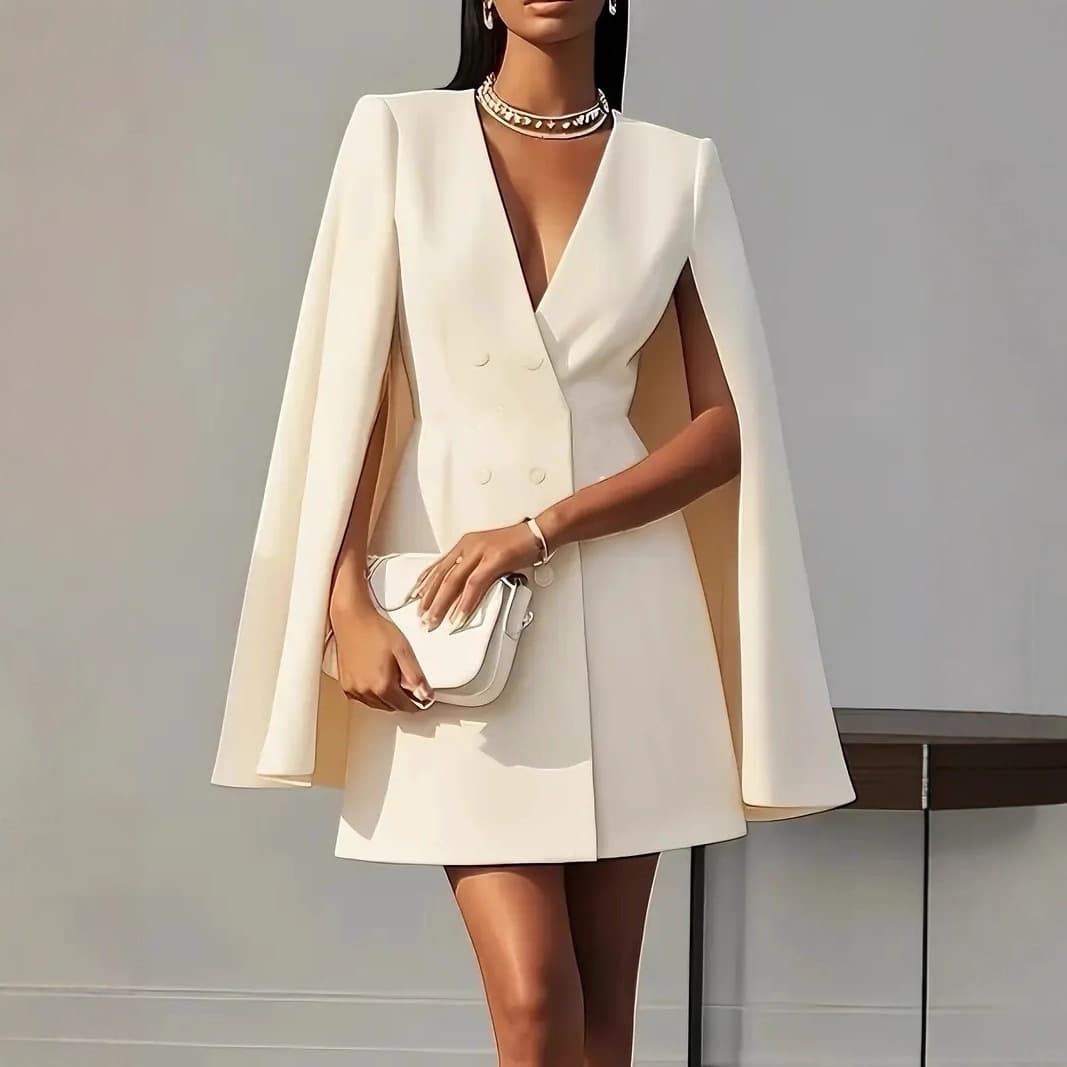 Women's Double-Breasted Cape Blazer Dress, Long Sleeve V-Neck Office Dress In Beige/Black/Blue/Pink (S-XXL) – Elegant Workwear For Fall