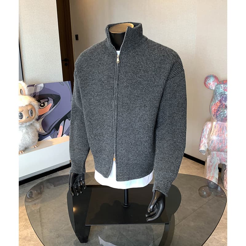 Pull homme épais à col montant et double fermeture éclair, couleur unie, automne, tendance, maille haut de gamme, marque Cleanfit