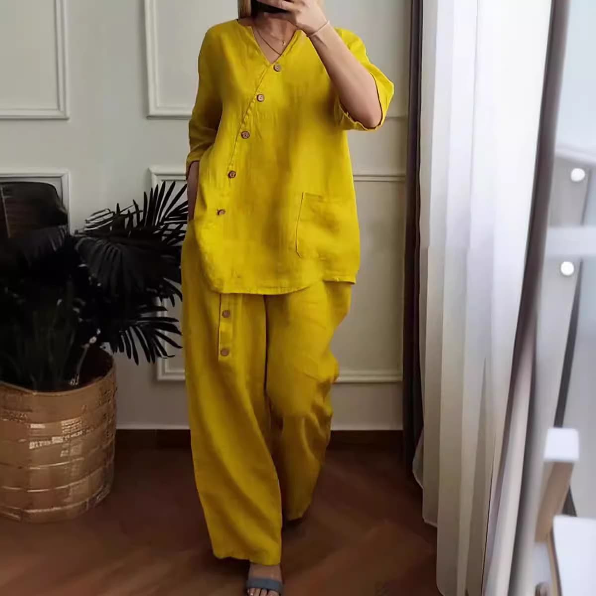 Women's clothing new solid color cotton and linen suit three-quarter sleeve top wide-leg pants two-piece suit women's clothing