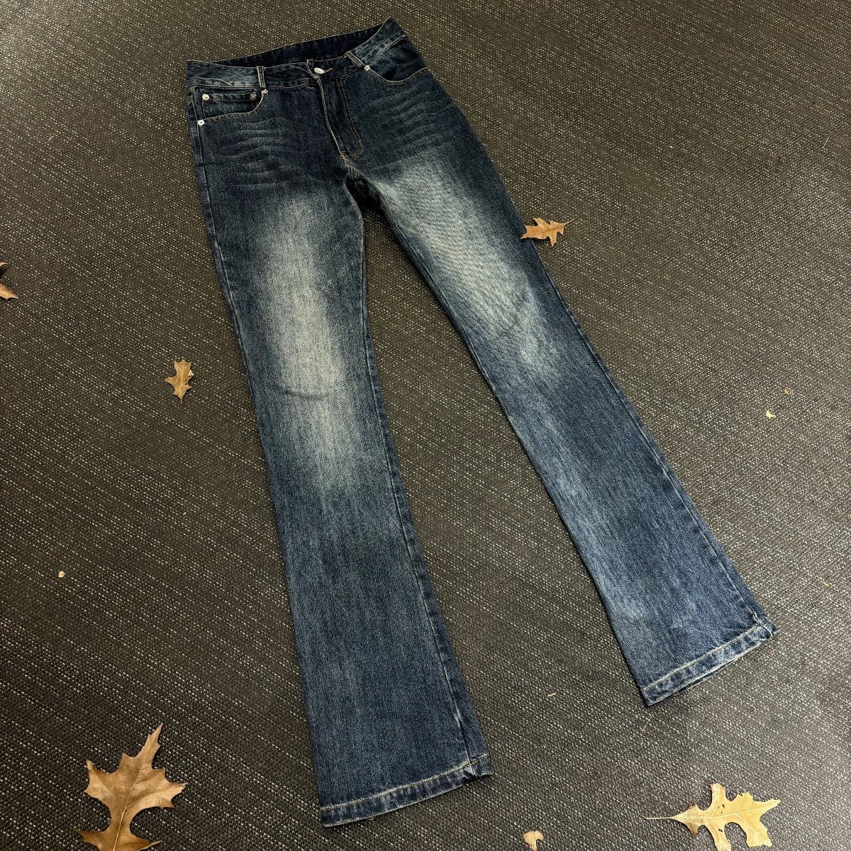 ​​Vintage Blue Washed Distressed Flared Jeans For Men – Retro Stretch Denim With Raw Hem & Faded Effect​​