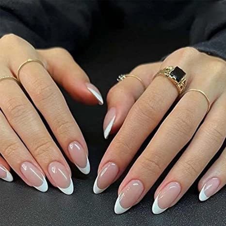 French Tip Almond Press-On Nails - Natural White False Nails With Glue & Gel Tabs, Reusable Fake Nails For Women