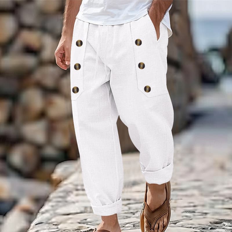 Men's Clothing Casual Beach Men's Casual Multi button Cotton and Linen Loose Trousers Men