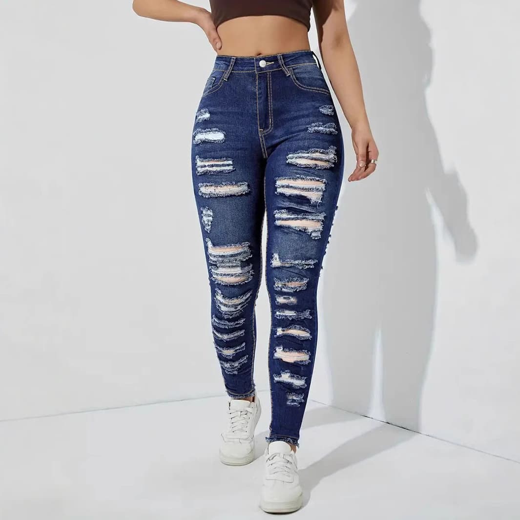 Women's Clothing Ripped Raw Edge High Elastic Women's Denim Skinny Pants