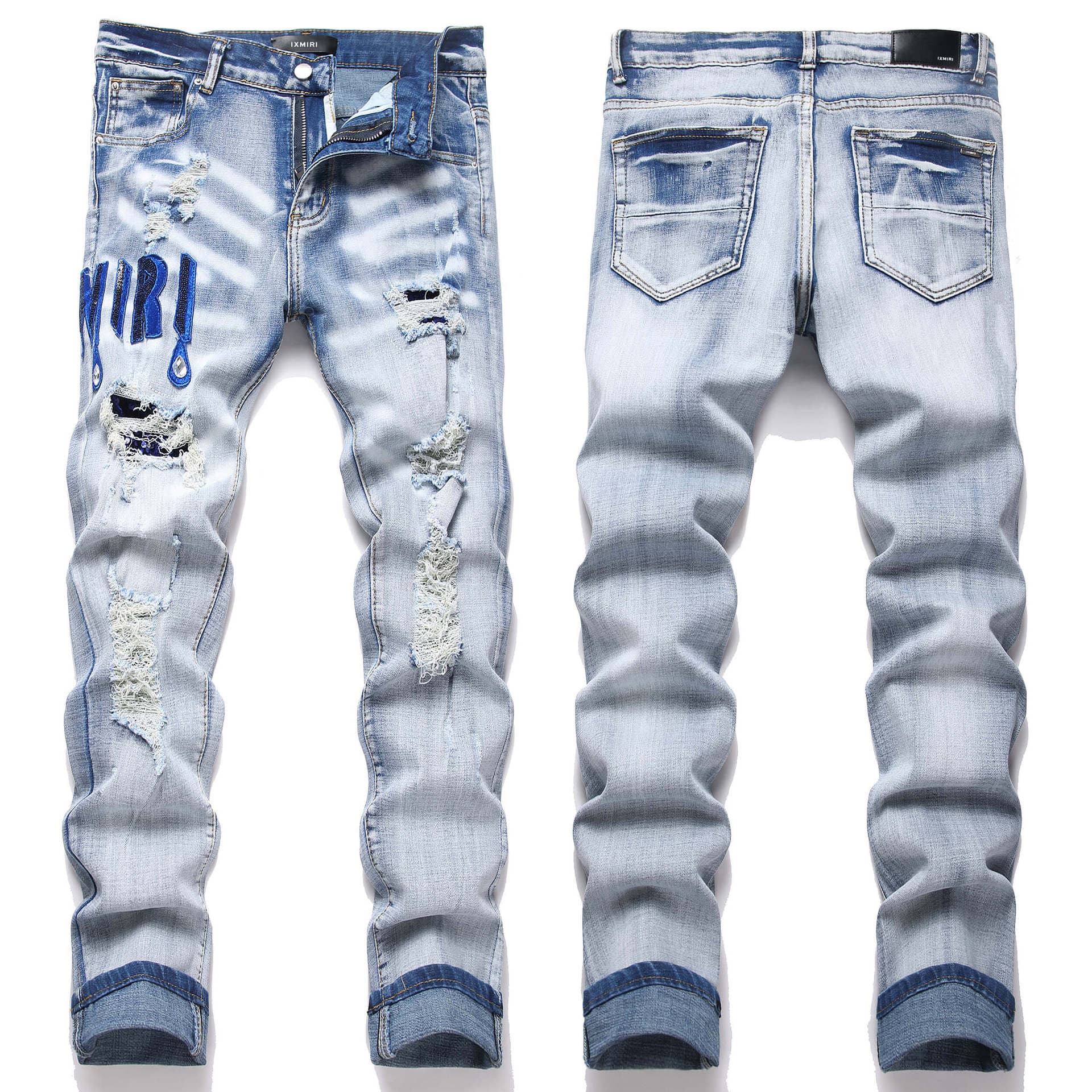 Men's High Street Blue Skinny Jeans With Embroidered Badge Ripped Stretch Denim Youth Clothing Trade Cross Border 3949