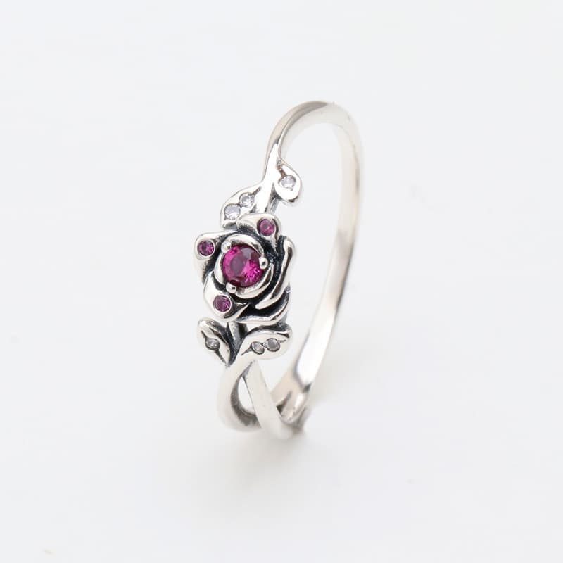 Silver Plated Rose Petal Ring Oxidized Black Copper Zirconia Jewelry EU Sizes 50-60 Travel Souvenir Gift For Women
