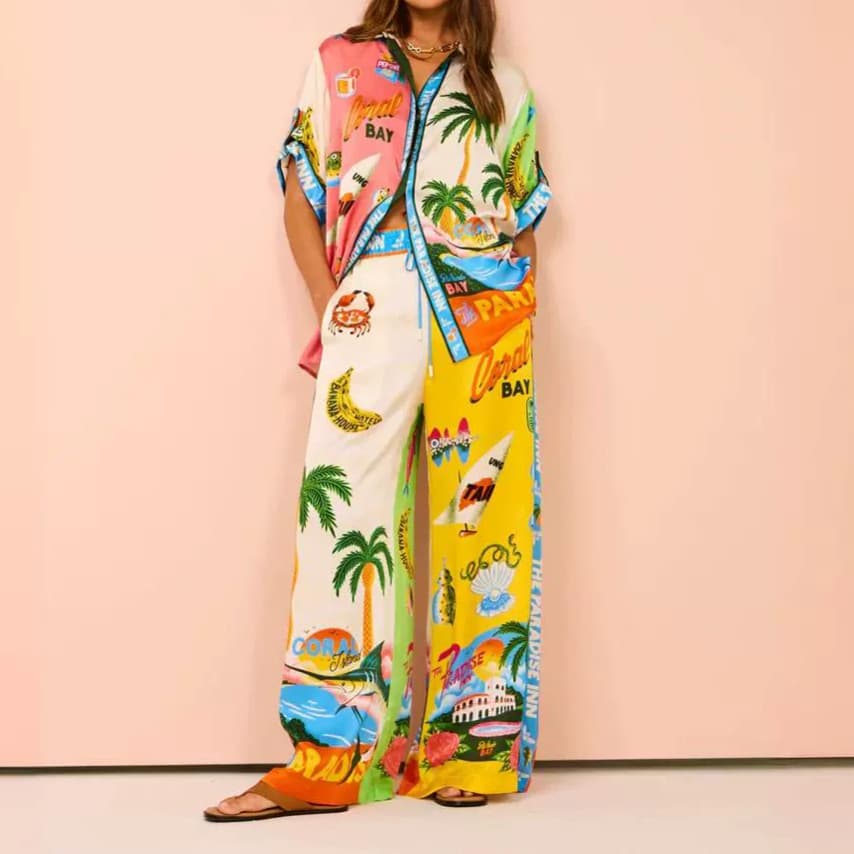 Verve 2024 Fashion Vacation Printed Short Sleeve Color Block Casual Tie Women's Set