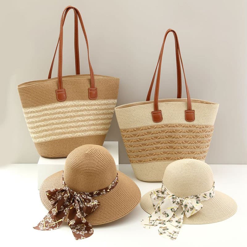 Women's Hats Single Shoulder Straw Bag New Style Women's Large Capacity Striped Straw Bag Woven Bag Holiday Beach Bag Two Piece Set Straw Hat
