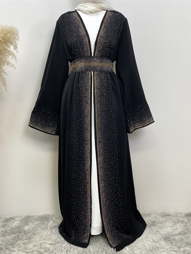 Hot Selling Ramadan Rhinestone Cardigan Islamic Dresses With Pockets Kebaya Muslim Kimono Abaya Dubai Modest Clothing Women Red